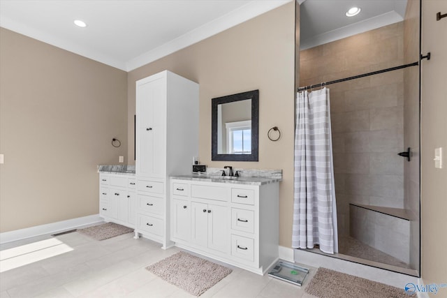 23784 Old Homeplace Way, Athens, AL 35613 - full bath featuring tiled shower, vanity, recessed lighting, baseboards, and tile patterned flooring