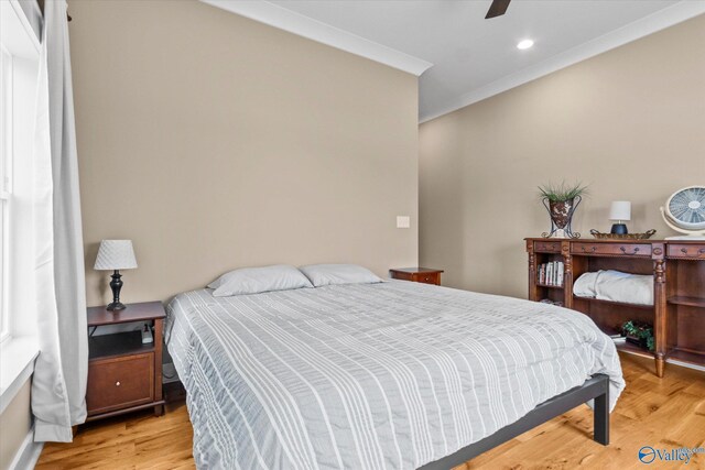23784 Old Homeplace Way, Athens, AL 35613 - bedroom featuring light wood finished floors, crown molding, a ceiling fan, and recessed lighting