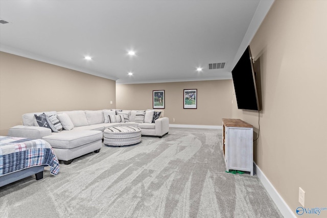 23784 Old Homeplace Way, Athens, AL 35613 - living room featuring light colored carpet, crown molding, recessed lighting, and baseboards