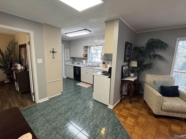 kitchen featuring white electric stove, a sink, white cabinets, light countertops, and dishwasher