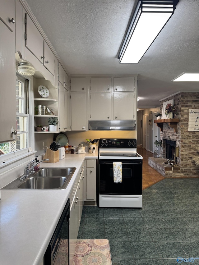 kitchen featuring electric range oven, dishwasher, light countertops, under cabinet range hood, and a sink