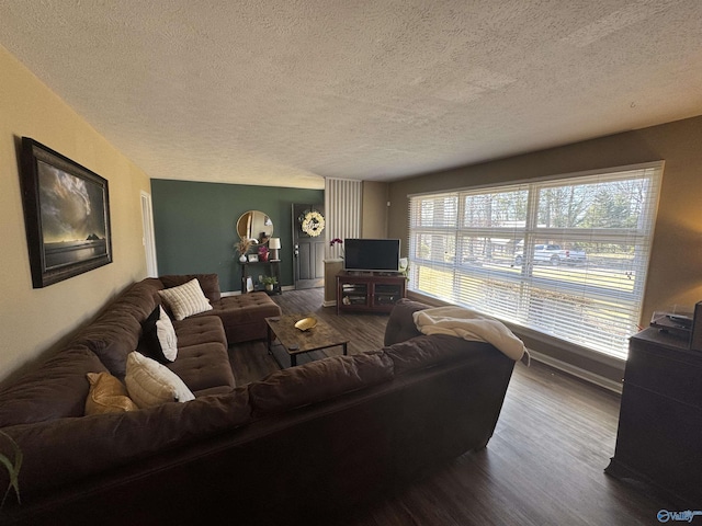 living area featuring a healthy amount of sunlight, a textured ceiling, and wood finished floors