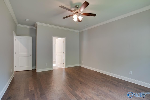 unfurnished bedroom featuring ornamental molding, dark wood-type flooring, and ceiling fan