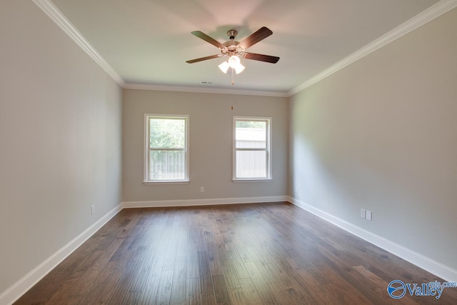 empty room with dark hardwood / wood-style flooring, ceiling fan, and ornamental molding