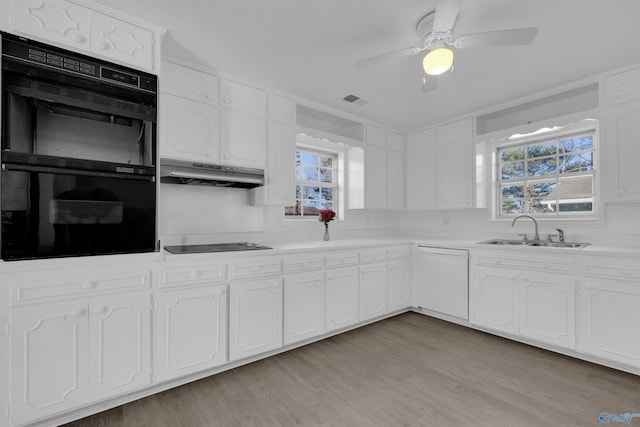 kitchen featuring under cabinet range hood, a sink, white cabinetry, light wood-style floors, and black appliances