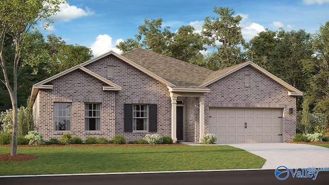 ranch-style home featuring a garage and a front lawn