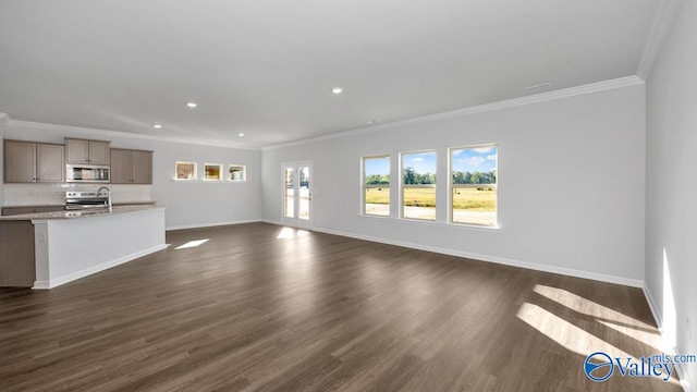 unfurnished living room featuring dark hardwood / wood-style floors, sink, and ornamental molding