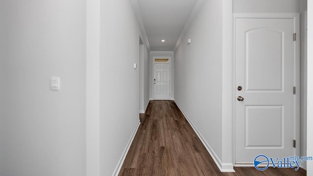 hallway with dark hardwood / wood-style floors and crown molding