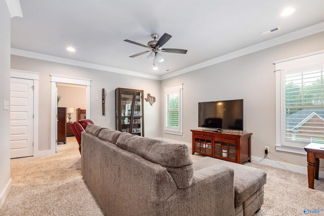 20009 Capitol Hill Dr, Tanner, AL 35671 - living area featuring plenty of natural light, light carpet, ceiling fan, baseboards, and recessed lighting