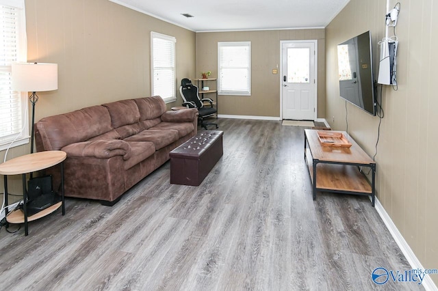 living room with crown molding, electric panel, and wood-type flooring