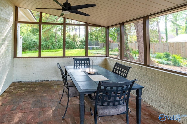 sunroom / solarium with ceiling fan and lofted ceiling