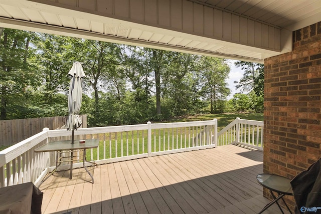 wooden terrace featuring a lawn and fence