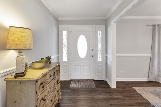 entryway with ornamental molding, dark wood-type flooring, and baseboards