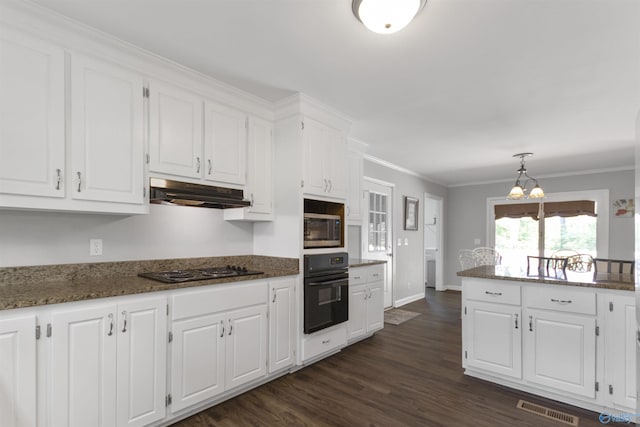 kitchen with white cabinetry, under cabinet range hood, stainless steel microwave, visible vents, and oven