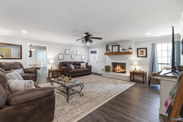 living room featuring a fireplace, ornamental molding, and dark wood finished floors