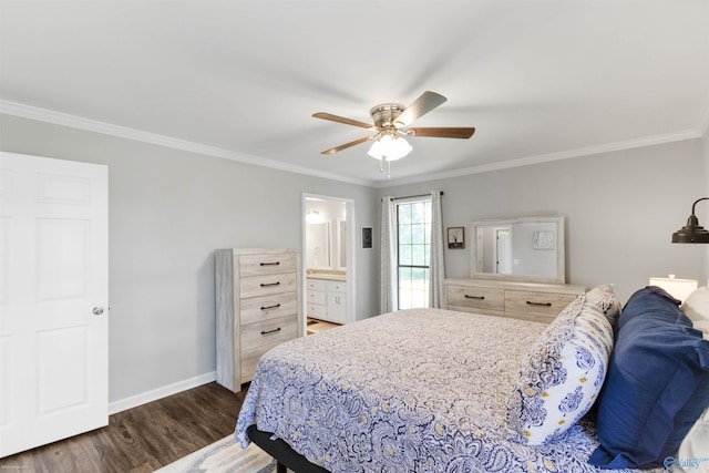 bedroom with baseboards, ornamental molding, wood finished floors, ceiling fan, and connected bathroom