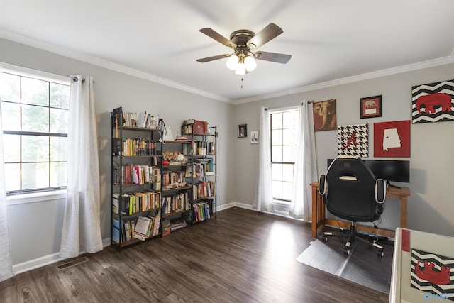office space featuring baseboards, ceiling fan, wood finished floors, and ornamental molding