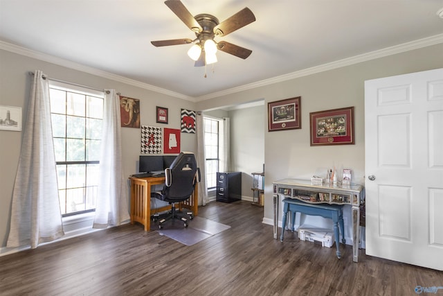 home office with baseboards, dark wood-style floors, ceiling fan, and ornamental molding