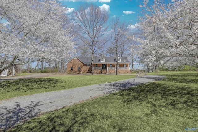 view of front of property with a front lawn, driveway, and stone siding