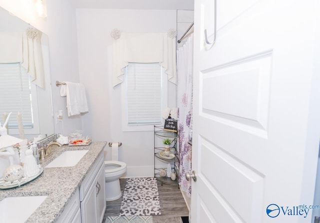 bathroom with toilet, vanity, and hardwood / wood-style flooring