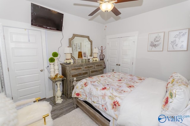 carpeted bedroom with ceiling fan and a closet