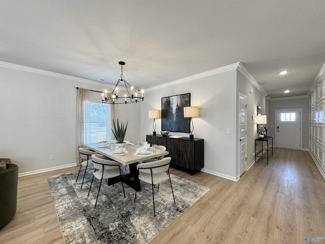 dining room with baseboards, a chandelier, light wood-type flooring, ornamental molding, and recessed lighting