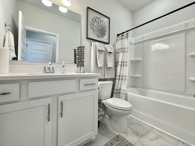 bathroom with shower / bathtub combination with curtain, toilet, marble finish floor, and vanity