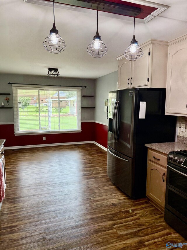 103 Katelyn Dr, Meridianville, AL 35759 - kitchen featuring double oven range, dark wood-style floors, white cabinets, pendant lighting, and fridge with ice dispenser