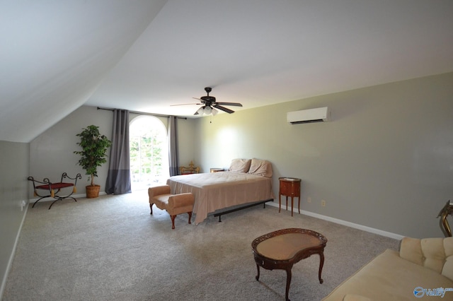 carpeted bedroom with an AC wall unit, ceiling fan, and lofted ceiling