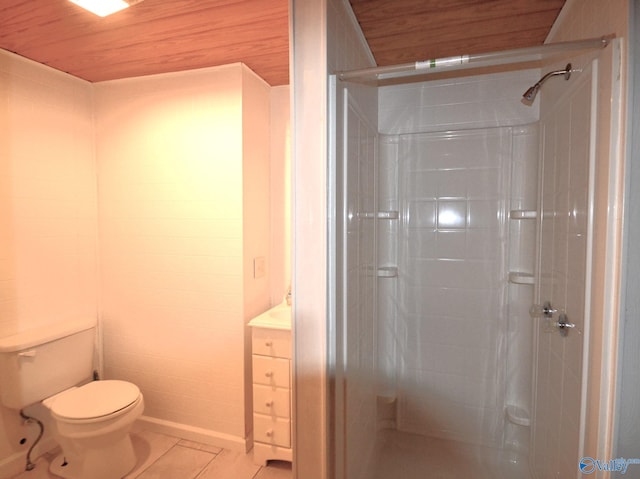 bathroom with wooden ceiling, walk in shower, tile patterned flooring, wood walls, and toilet