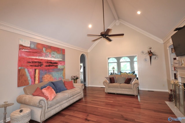 living room featuring beamed ceiling, dark hardwood / wood-style floors, high vaulted ceiling, and crown molding