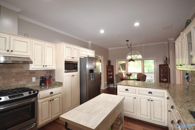 kitchen with light stone countertops, dark hardwood / wood-style flooring, ornamental molding, and appliances with stainless steel finishes