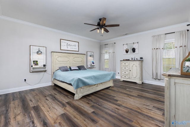 bedroom featuring ceiling fan, dark hardwood / wood-style floors, and crown molding