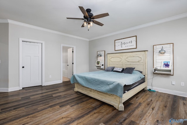 bedroom with ornamental molding, ceiling fan, and dark hardwood / wood-style floors