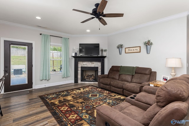 living room featuring ornamental molding, ceiling fan, a stone fireplace, and dark hardwood / wood-style floors