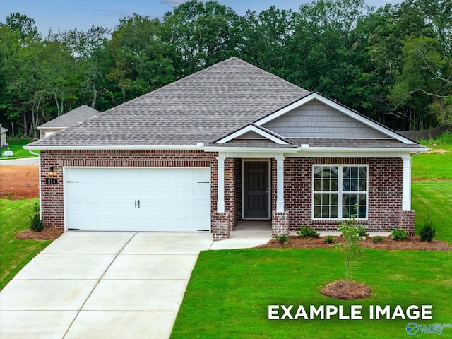 view of front of home with a garage, brick siding, concrete driveway, roof with shingles, and a front yard