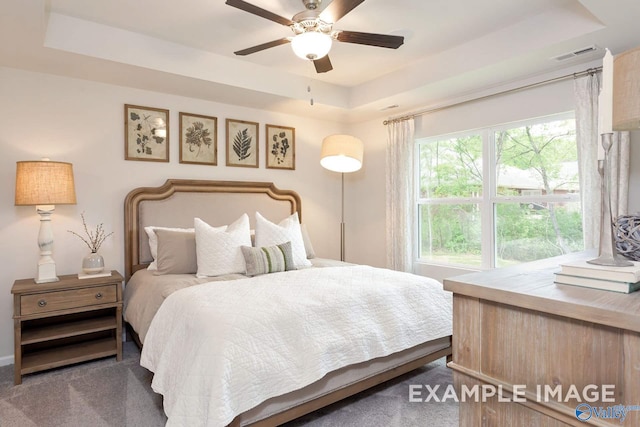 bedroom featuring a raised ceiling, dark colored carpet, and ceiling fan