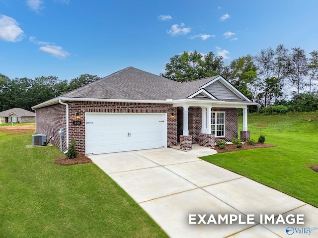 view of front of home featuring a garage, driveway, cooling unit, a front lawn, and brick siding