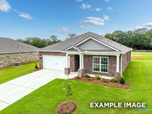 craftsman house with a garage, cooling unit, and a front lawn