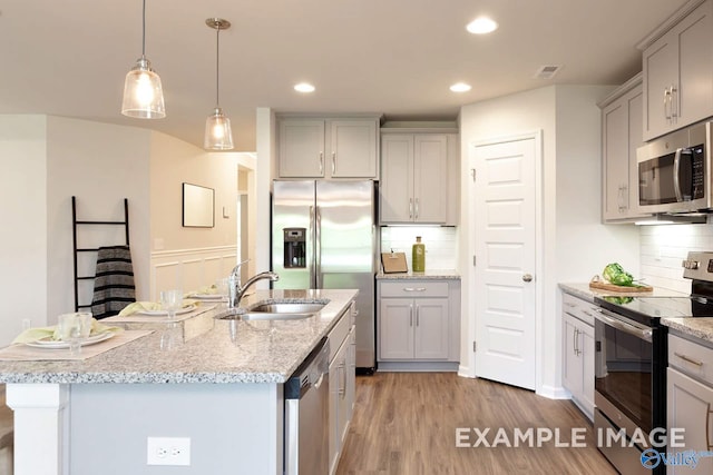 kitchen featuring a center island with sink, appliances with stainless steel finishes, backsplash, and sink