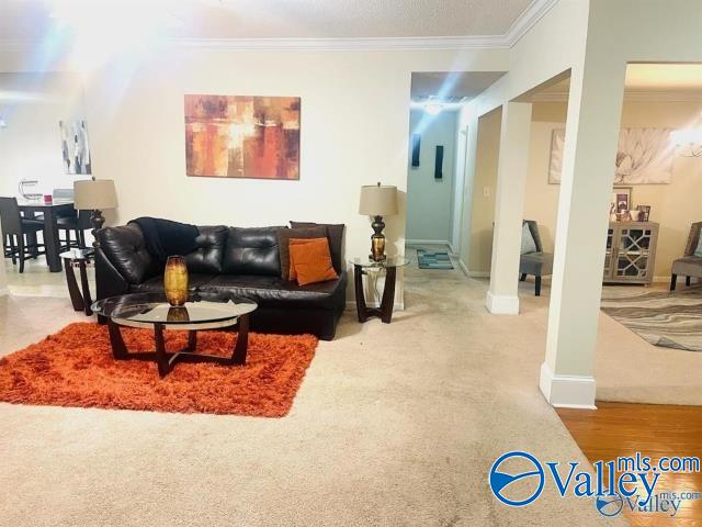 living room with crown molding and hardwood / wood-style floors