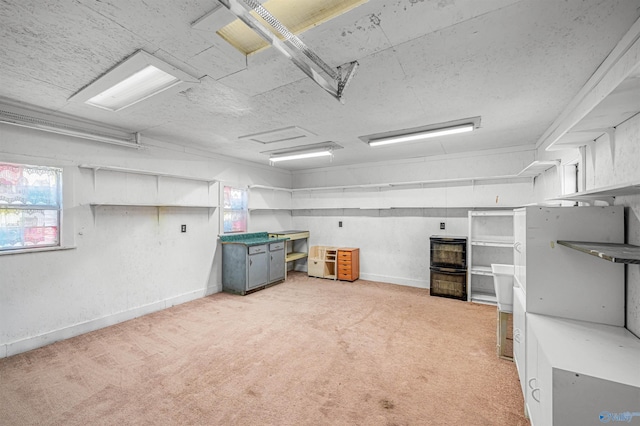 basement featuring light colored carpet and a textured ceiling