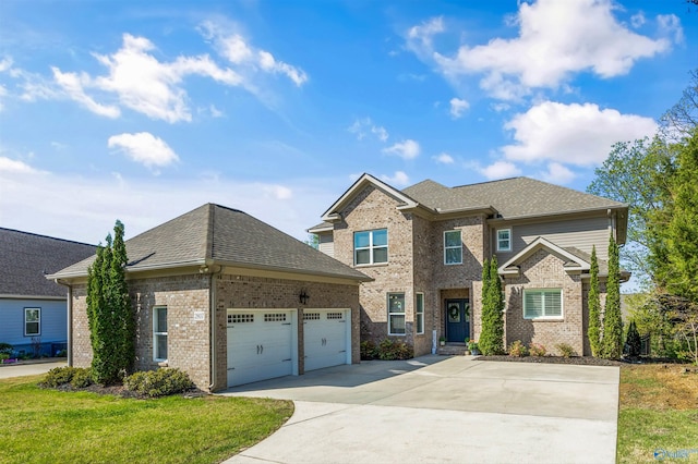 view of front of house featuring concrete driveway, brick siding, a garage, and a shingled roof