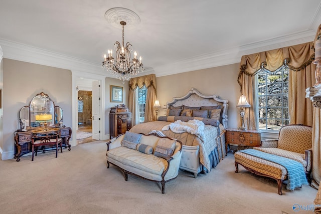 bedroom featuring light colored carpet, a notable chandelier, crown molding, and connected bathroom