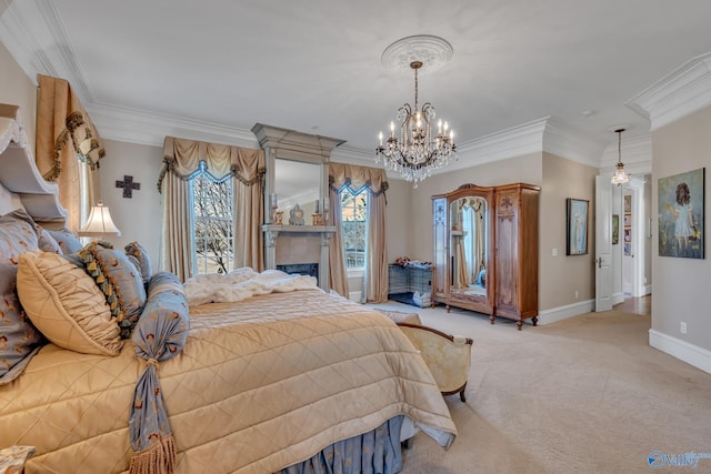 bedroom featuring light colored carpet, a chandelier, and crown molding