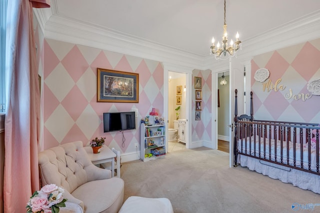 bedroom featuring ensuite bath, a chandelier, crown molding, light colored carpet, and a nursery area