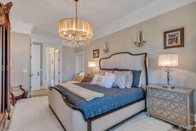 carpeted bedroom with crown molding