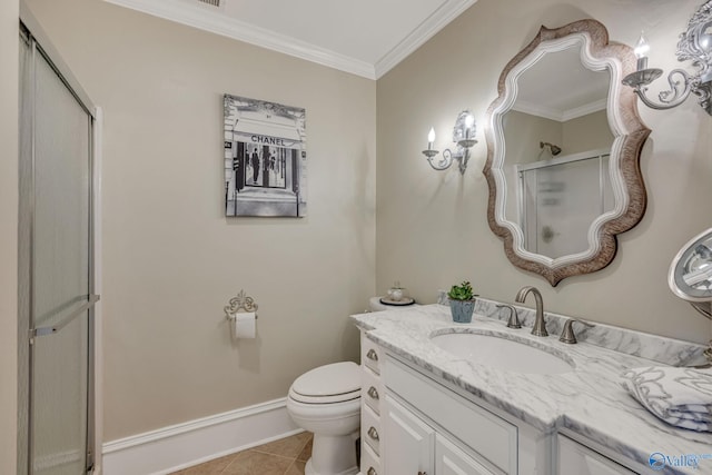 bathroom featuring walk in shower, ornamental molding, vanity, tile patterned floors, and toilet