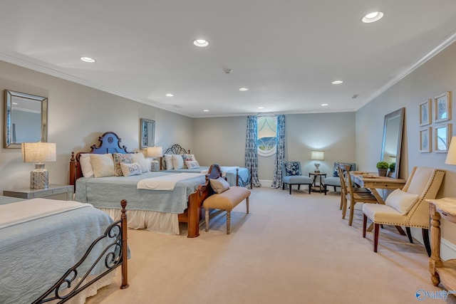 carpeted bedroom with crown molding