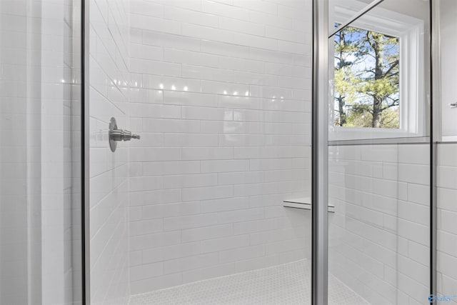 bathroom with a shower with shower door